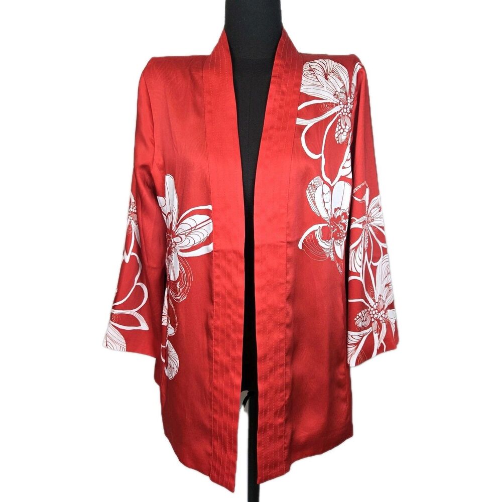 Chico's Med Satin Kimono Topper Cardigan Red White Ikat Batik Boho Artsy Batwing